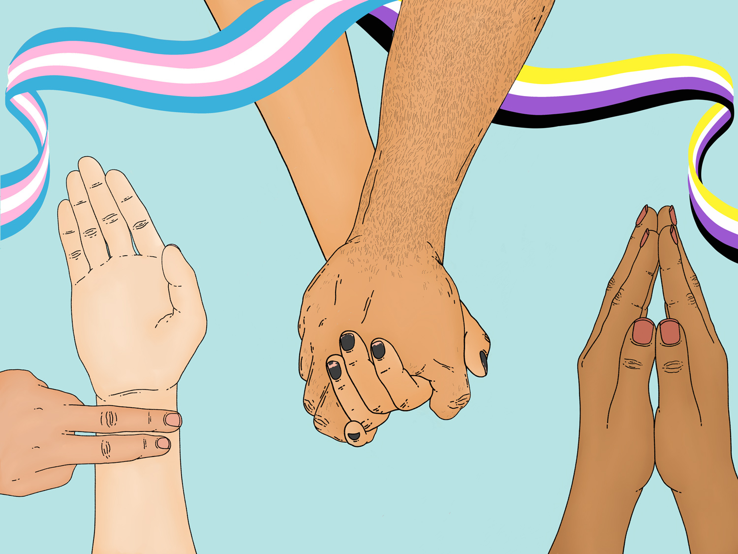Image of 3 pairs of hands wrapped in a trans and a non-binary ribbon. One pair represent a health professional taking someone's pulse, another are an adult holding a child's hand, and the third are praying. 